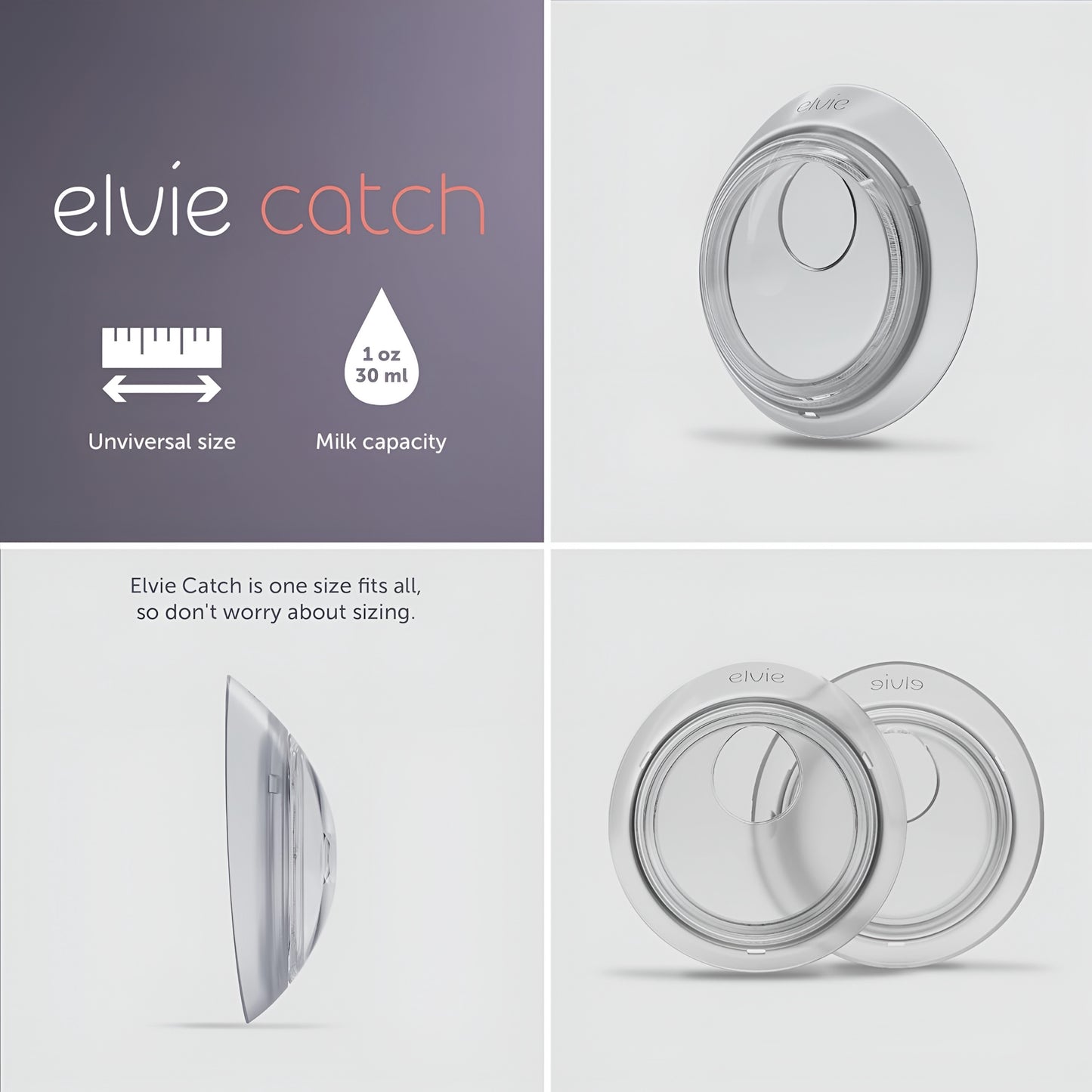 Elvie Catch milk collection cups with universal size for breast milk capacity.